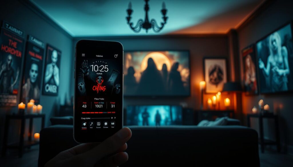 A captivating image showcasing the innovative features of a horror movie app. In the foreground, a sleek smartphone displays a dark-themed app interface featuring spooky visuals and interactive elements like a chilling countdown timer and film previews. The middle layer includes shadowy silhouettes of iconic horror film characters, evoking suspense and excitement. The background features an ominous, dimly lit room adorned with horror movie posters, candles flickering in the corners, and a large screen displaying an eerie film scene. Soft, dramatic lighting adds depth, casting shadows that enhance the haunting atmosphere. The scene should convey a thrilling sense of adventure in mobile horror entertainment. A captivating image showcasing the innovative features of a horror movie app. In the foreground, a sleek smartphone displays a dark-themed app interface featuring spooky visuals and interactive elements like a chilling countdown timer and film previews. The middle layer includes shadowy silhouettes of iconic horror film characters, evoking suspense and excitement. The background features an ominous, dimly lit room adorned with horror movie posters, candles flickering in the corners, and a large screen displaying an eerie film scene. Soft, dramatic lighting adds depth, casting shadows that enhance the haunting atmosphere. The scene should convey a thrilling sense of adventure in mobile horror entertainment.