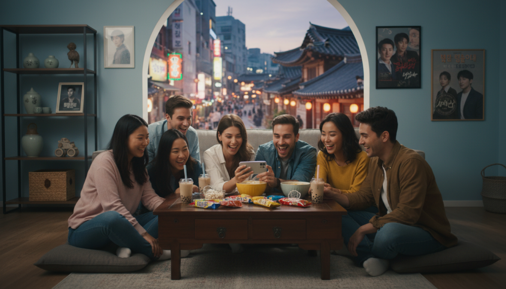A captivating scene depicting the global phenomenon of Korean dramas. In the foreground, a diverse group of friends from various ethnic backgrounds, casually dressed, are watching a Korean drama on a smartphone. Their expressions reflect joy and engagement, with a soft, warm light illuminating their faces. In the middle ground, stylish decor inspired by Korean aesthetics, such as traditional and modern elements, is present, along with snacks commonly enjoyed while watching dramas, like popcorn and Korean sweets. The background showcases iconic imagery from popular Korean drama settings, like a bustling Seoul street and a serene Hanok village. The overall atmosphere should be inviting and vibrant, emphasizing connection and shared experiences through storytelling. A bright, soft focus enhances the mood, evoking a sense of community and excitement around Korean entertainment.