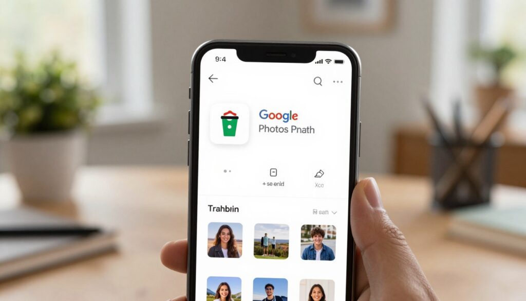 A clean and organized representation of the Google Photos trash bin interface, showcased on a sleek modern smartphone screen. In the foreground, focus on the smartphone, which has a bright, vibrant display showing the Google Photos app with the trash bin icon prominently featured. In the middle ground, include a softly blurred desk environment with a subtle plant and stylish stationery items, enhancing the modern feel. The background should depict a warm, inviting home interior with natural lighting streaming in through a nearby window, creating a cozy atmosphere. The overall mood is one of hope and renewal, reflecting the theme of recovering deleted photos. Aim for a balanced composition with soft focus on the details, capturing the essence of a digital space for photo management.