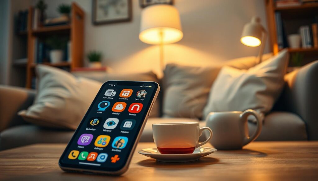 A close-up of a smartphone displaying popular free apps for watching dramas, set against a cozy, inviting home environment. In the foreground, the phone screen shows an array of colorful app icons related to dramas, with vibrant visuals. The middle ground features a comfortable couch with soft cushions, a steaming cup of tea placed beside the phone, and a warm, inviting lamp casting a cozy glow. The background includes a bookshelf filled with books and decorative plants, creating a relaxed atmosphere. The lighting is soft and warm, evoking a sense of comfort and leisure. The angle should be slightly tilted to showcase the phone prominently while hinting at the cozy space surrounding it. The mood is cheerful and inviting, perfect for a drama-watching experience.