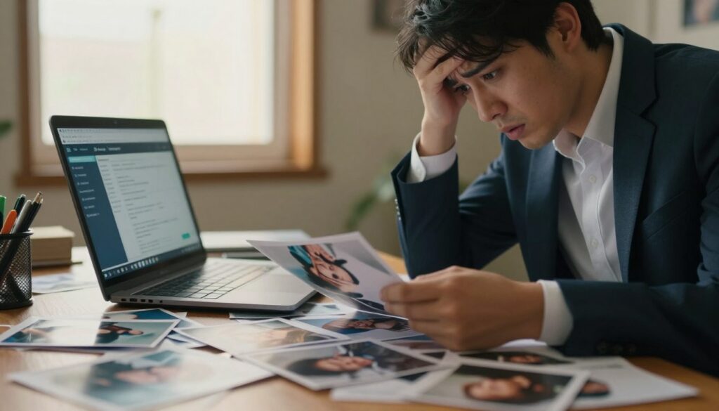 A close-up view of a distressed individual sitting at a desk, surrounded by a chaotic mix of scattered photos and an open laptop displaying a recovery software interface. The person, dressed in professional business attire, shows a look of concern as they sift through the disorganized prints, highlighting a sense of urgency. In the background, a warm, soft light filters in through a nearby window, creating a calming atmosphere amidst the stress. The room is filled with personal memorabilia, hinting at cherished memories that have been lost. The focus is sharp on the individual and the photos in the foreground, while the background gently blurs, emphasizing their task. The overall mood conveys hope and determination in the face of loss.