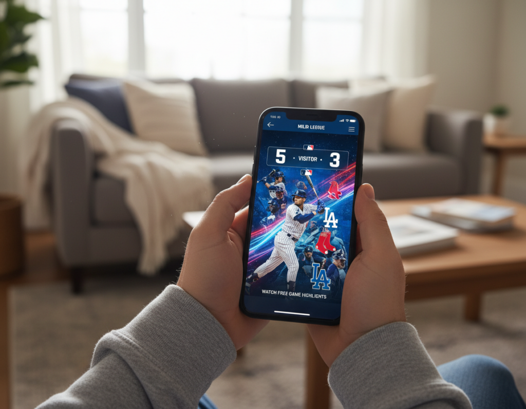 A close-up view of a modern smartphone displaying the official MLB app interface showcasing bright, dynamic highlights from recent baseball games. The phone is held by a person in casual attire in the foreground, with their hands slightly blurred to emphasize the device's screen. In the middle layer, the app interface is vivid, featuring energetic graphics of players, scores, and colorful animations representing various MLB teams. The background is an inviting living room setting with soft natural lighting filtering through a window, creating a relaxed mood. The scene conveys excitement and accessibility, inviting viewers to enjoy MLB games for free on their mobile device.