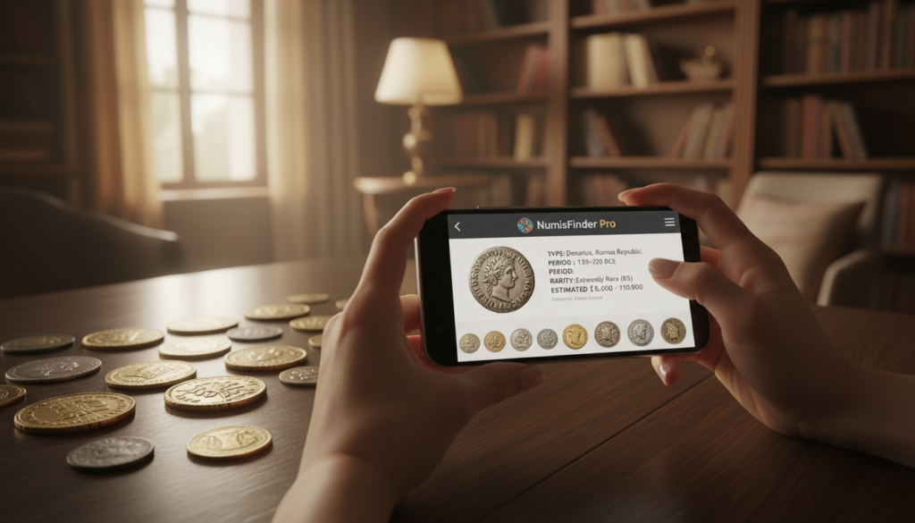 A close-up view of a person's hands holding a smartphone, with the screen displaying an app for identifying rare coins. The hands are in the foreground, showing detailed skin texture and well-manicured nails, suggesting a professional or casual atmosphere. In the middle ground, various ancient and rare coins are spread out on a wooden table, each coin illuminated with soft lighting to highlight their unique designs and textures. The background is softly blurred, featuring a cozy, well-lit room with bookshelves and a subtle hint of natural light coming through a window, creating an inviting and knowledgeable mood. The overall tone is warm and engaging, emphasizing the process of using technology to explore the world of rare coins.