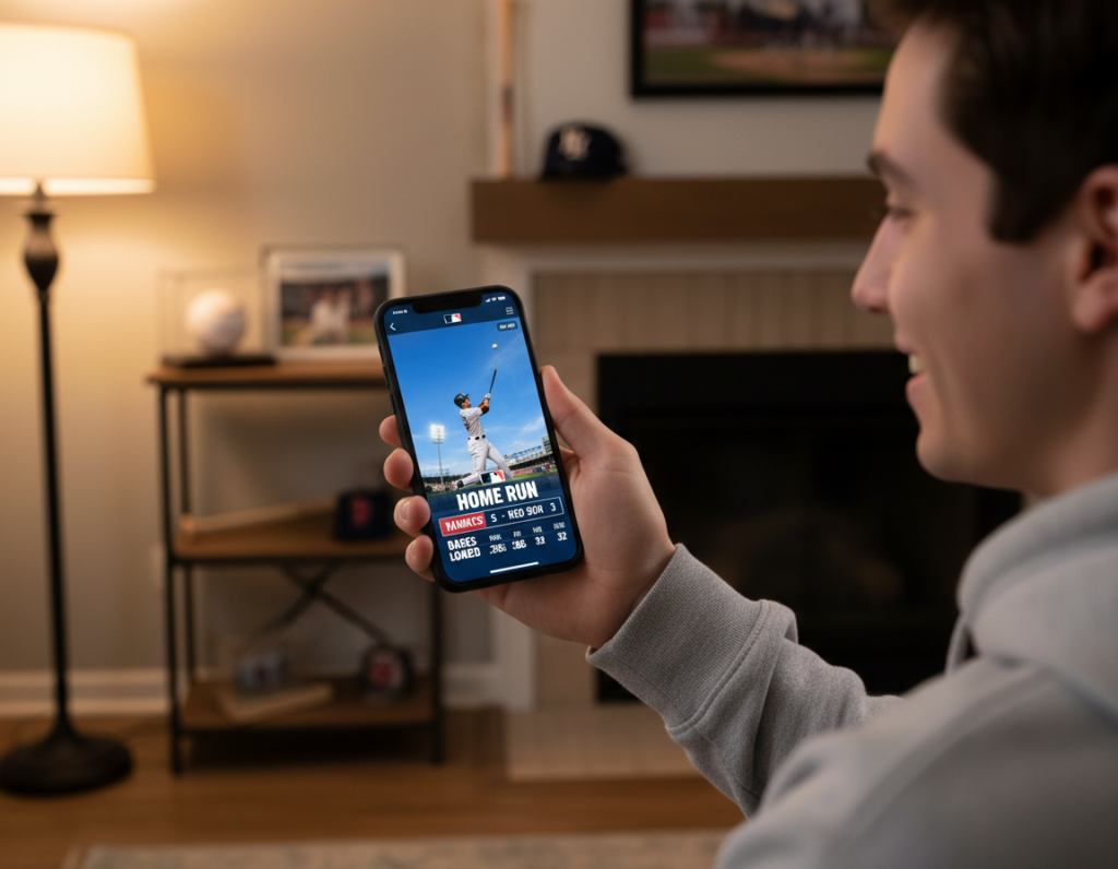 A close-up view of a smartphone displaying an MLB highlights app interface, showcasing vibrant and dynamic graphics of live game plays. The phone is held in the hand of a young person in casual, comfortable clothing, with a backdrop of a cozy living room setting illuminated by soft, warm lighting. The smartphone’s screen should feature action-packed imagery of a baseball player hitting a home run, with statistical overlays and real-time scoreboards subtly visible. In the background, a well-organized shelf with baseball memorabilia adds context to the scene. The atmosphere is one of excitement and engagement, appealing to fans eager to catch every moment of the game. The focus should be sharp on the phone while maintaining a slightly blurred background to emphasize the device.