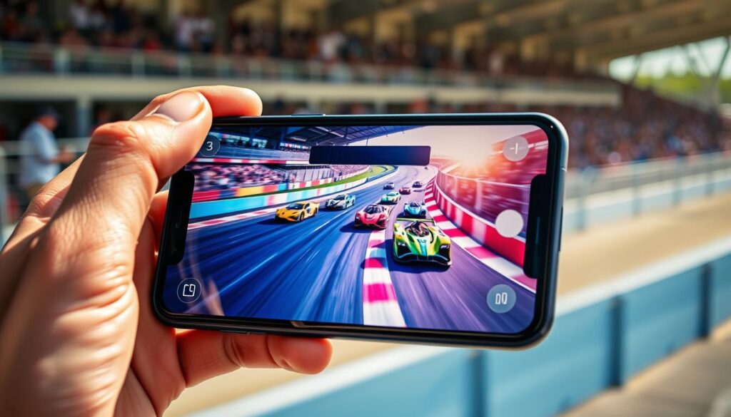 A close-up view of a smartphone displaying an exhilarating live stream of an automobilismo race, showcasing colorful racing cars speeding around a track. In the foreground, a person's hand holds the phone, fingers gripping the edges, with excitement evident in their posture. The middle layer features a vibrant racetrack with blurred motion lines, indicating high speed, and dynamic lighting highlighting the cars. In the background, hints of fans in a grandstand can be seen, cheering passionately. The scene is bathed in bright daylight, creating a lively atmosphere. The image captures the thrill of watching racing on a mobile device, emphasizing energy, excitement, and engagement in the sport.