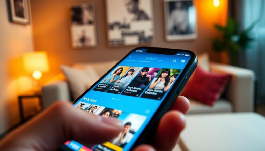 A close-up view of a smartphone displaying the Viki app interface, featuring vibrant thumbnails of popular K-dramas with Portuguese subtitles. In the foreground, the phone is held by a person's hand, slightly blurred to emphasize the device and its screen. The middle section contains the vivid, colorful app layout, showcasing drama categories and highlighted episodes with a modern, sleek design. In the background, a cozy ambiance is created by a softly lit room, with warm lighting and a few decorative elements like a plant and a comfortable sofa. The overall mood is inviting and engaging, encouraging viewers to explore the world of K-dramas. The angle is slightly tilted, capturing the essence of mobile viewing.
