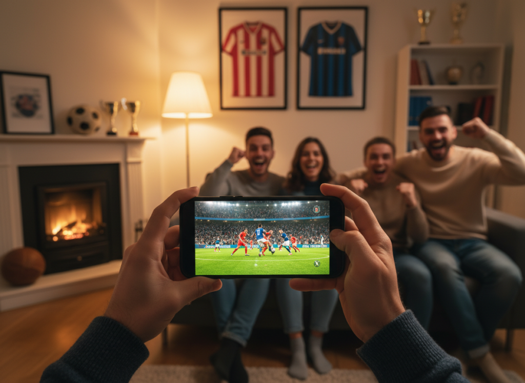 A close-up view of a smartphone held in a pair of hands, displaying a live football match on the screen. The background features a cozy living room setting, decorated with football memorabilia like jerseys and a ball, creating an atmosphere of excitement and anticipation. Soft, warm lighting illuminates the scene, highlighting the details of the phone and the expressions of joy and engagement on the faces of viewers in the background, dressed in casual but tidy clothing. The angle captures the smartphone screen clearly, allowing the vibrant colors of the match to pop, enhancing the overall vibe of enjoyment and community.