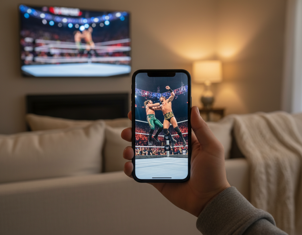 A close-up view of a smartphone in a person's hand, displaying a colorful WWE match scene on the screen. The foreground features the hand gripping the smartphone, with focus on the vibrant graphics of wrestlers in action. In the middle, soft, blurred details of a cozy living room setting can be seen, including a comfortable couch and dim lighting, creating an inviting atmosphere. The background captures a subtle hint of a TV screen showcasing the same WWE content, adding depth. The lighting is warm and inviting, emphasizing a casual and enjoyable viewing experience. The overall mood is one of excitement and engagement, as the user enjoys epic wrestling matches right from their mobile device.