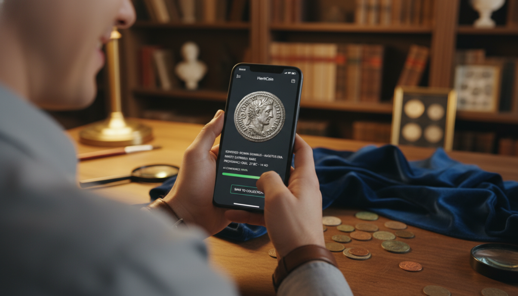 A close-up view of a smartphone screen displaying the HeritCoin app interface, featuring an advanced coin identification tool powered by artificial intelligence. The app showcases a detailed image of an ancient rare coin, highlighting its unique features like intricate engravings and historical symbols. In the foreground, a person dressed in smart casual attire is carefully analyzing the screen, with a soft smile of satisfaction, indicating their successful identification. The middle ground includes a wooden table scattered with various old coins, some partially obscured by velvety cloth. In the background, warm ambient lighting creates a cozy atmosphere, with a blurred bookshelf filled with numismatic books and artifacts, enhancing the feeling of discovery and knowledge. The scene conveys a sense of excitement and curiosity in coin collection.
