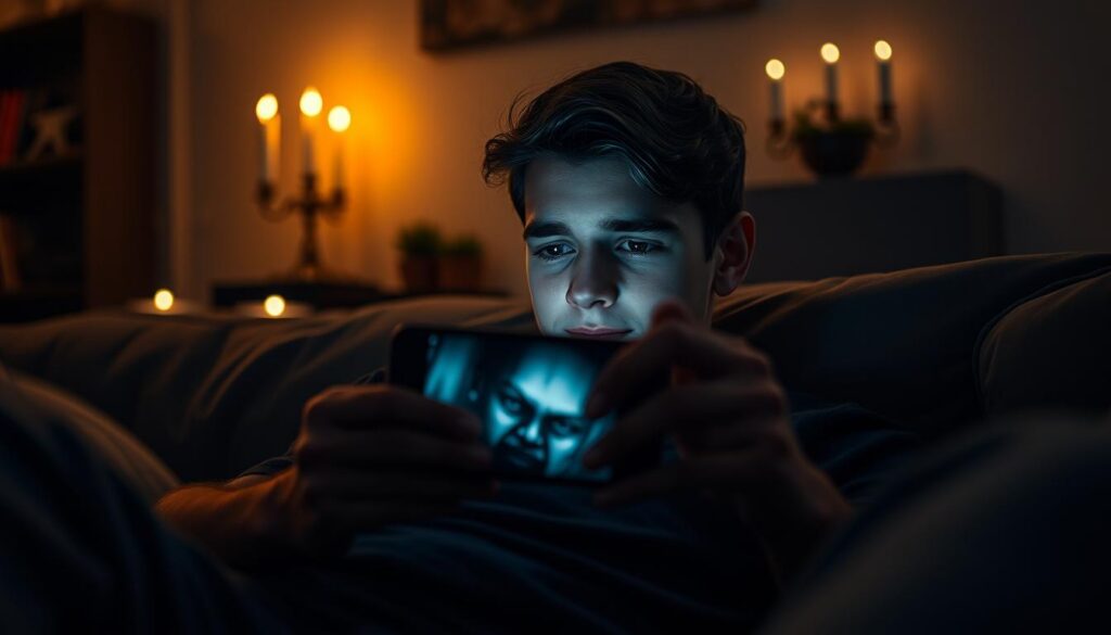 A close-up view of a young adult sitting comfortably on a couch, engrossed in watching a horror movie on their smartphone. The screen glows ominously with shadows and eerie imagery from a suspenseful scene. The ambient lighting is dim, casting soft shadows that enhance the chilling atmosphere. In the background, hints of a cozy living room are visible, with flickering candles and dark, moody decor that evoke a sense of intrigue and suspense. The viewer's facial expression is one of deep focus mixed with a hint of thrill and excitement. The scene captures the allure and fascination of experiencing horror films on a mobile device, creating a captivating mood that draws in the audience. A close-up view of a young adult sitting comfortably on a couch, engrossed in watching a horror movie on their smartphone. The screen glows ominously with shadows and eerie imagery from a suspenseful scene. The ambient lighting is dim, casting soft shadows that enhance the chilling atmosphere. In the background, hints of a cozy living room are visible, with flickering candles and dark, moody decor that evoke a sense of intrigue and suspense. The viewer's facial expression is one of deep focus mixed with a hint of thrill and excitement. The scene captures the allure and fascination of experiencing horror films on a mobile device, creating a captivating mood that draws in the audience.
