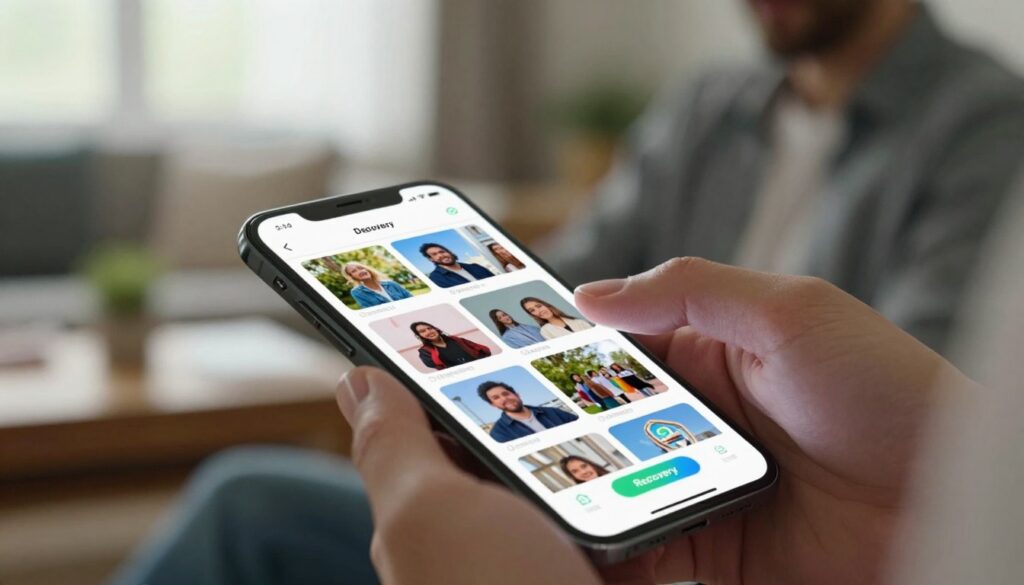 A close-up view of an Android smartphone displaying a user-friendly interface for recovering deleted photos. In the foreground, the phone screen glows softly, showcasing a colorful gallery of photo thumbnails with a prominent “Recovery” button highlighted. The middle layer contains a person's hand, dressed in smart casual attire, gently touching the screen, indicating interaction. In the background, a softly blurred home environment, with natural light streaming through a nearby window, creates a warm and inviting atmosphere. The focus is sharp on the phone, while the background remains softly out of focus, enhancing the sense of depth. The scene conveys a mood of hope and efficiency, illustrating the ease of recovering cherished memories on a modern device.