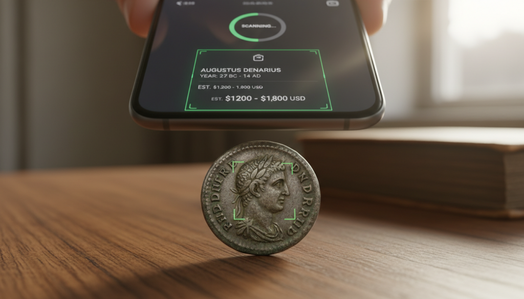 A close-up view of an antique coin being scanned by a smartphone camera using an artificial intelligence app. In the foreground, focus on the metallic details of the coin, showcasing its intricate engravings and patina. The middle ground features a sleek smartphone with a bright screen displaying the AI app's interface, which highlights the coin's features and predicted value. The background is softly blurred, showing a wooden table and a warm, ambient light, creating a cozy atmosphere. The lighting is soft yet focused, emphasizing the coin and the device while keeping the environment inviting. The mood is one of curiosity and excitement, inviting viewers to explore the world of coin identification.