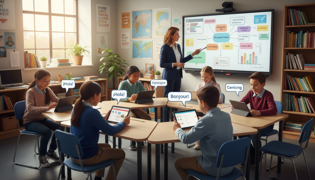 A contemporary classroom scene illustrating interactive teaching methodologies. In the foreground, a diverse group of students, dressed in smart casual attire, engage with digital tablets and online learning materials, displaying expressions of curiosity and enthusiasm. In the middle ground, a teacher, wearing professional business attire, facilitates a group discussion, pointing at a digital whiteboard filled with colorful diagrams and notes related to language learning. The background features a bright, airy classroom adorned with educational posters, bookshelves, and a large window letting in natural light, creating an inviting atmosphere. The angle is slightly elevated, capturing both the students' engagement and the teacher's dynamic presence, radiating a collaborative and innovative mood, indicative of modern language learning approaches.