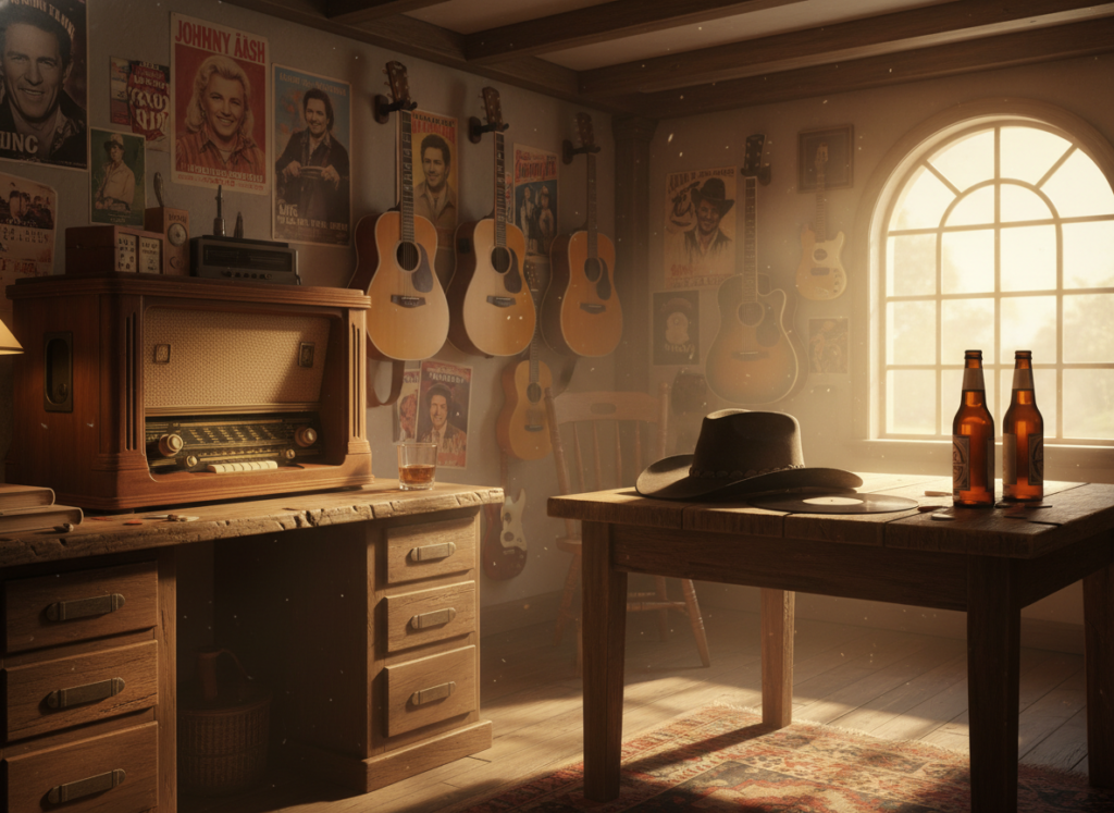 A cozy country music radio station setup, featuring vintage wooden radios tuned to country music channels. In the foreground, a classic radio with intricate woodwork, surrounded by warm, ambient lighting, creating an inviting atmosphere. In the middle, a rustic table adorned with a vinyl record, a cowboy hat, and a couple of beer bottles, reflecting the carefree spirit of country music fans. The background showcases a wall decorated with country music posters and guitars hanging, while soft, golden sunlight streams through a window, illuminating the scene with a nostalgic feel. The overall mood is cheerful and relaxed, ideal for enjoying tunes that celebrate the essence of American country life.