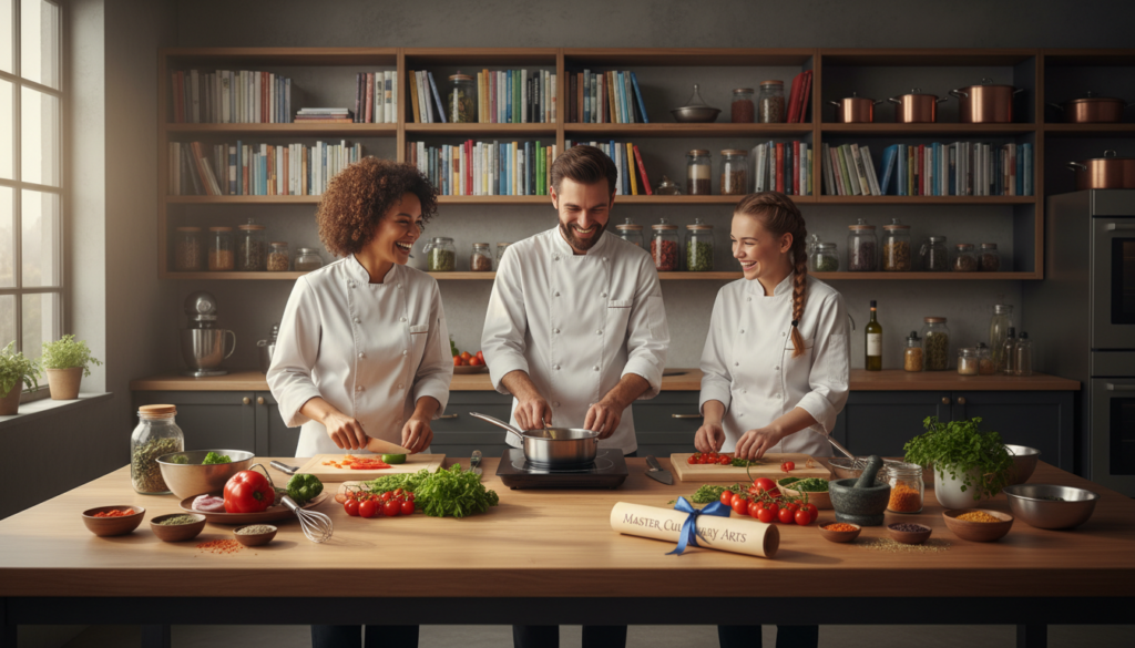 A cozy culinary class scene set in a bright, modern kitchen. In the foreground, a diverse group of three students, dressed in professional chef uniforms, are actively engaged in cooking and smiling, showcasing collaboration and creativity. The middle of the image features a beautiful wooden table adorned with colorful fresh ingredients, cooking tools, and a certificate prominently displayed, symbolizing the completion of a culinary course. The background shows shelves filled with spices, cookbooks, and kitchen appliances, with warm lighting highlighting the inviting atmosphere. The overall mood is uplifting and inspiring, emphasizing learning and achievement in a culinary environment. The perspective captures the essence of an interactive cooking class, drawing viewers into the enriching experience.