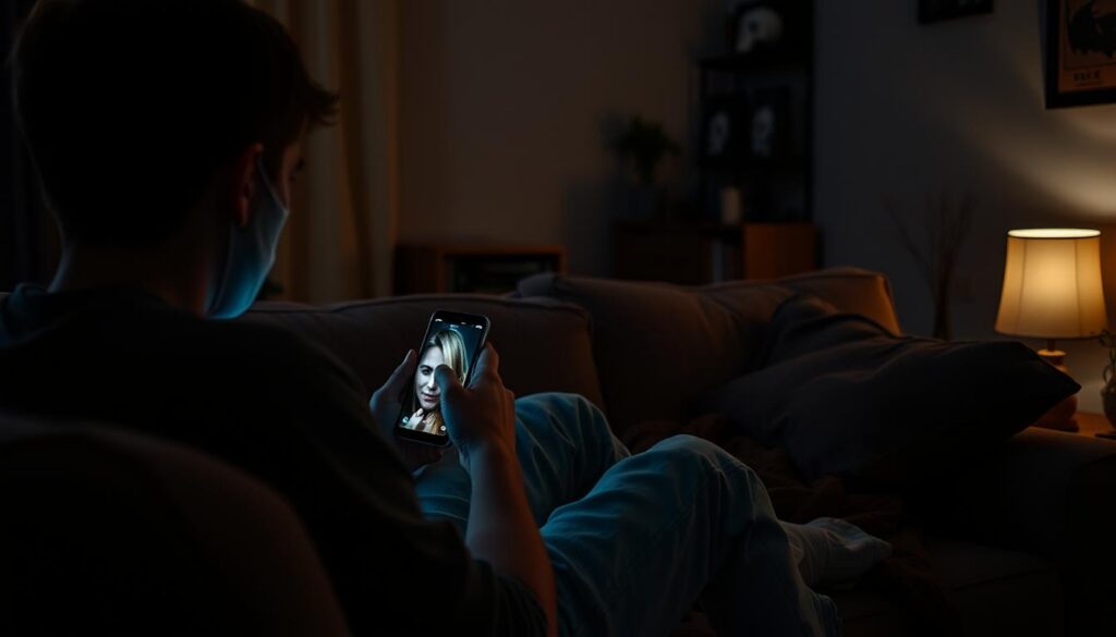 A cozy indoor scene featuring a person comfortably sitting on a couch, engrossed in watching a horror movie on their smartphone. The foreground shows the individual, a young adult dressed in casual attire, illuminated by the phone's screen glow. In the middle section, the couch is adorned with soft pillows and blankets, creating a relaxed atmosphere. The background includes dim lighting, adding a sense of suspense and focus on the movie experience. Shadows play across the walls, suggesting a spooky ambiance. Surrounding the scene are subtle hints of horror-themed decor, like a decorative skull or eerie artwork, enhancing the theme. The overall mood is intriguing and engaging, emphasizing the rising popularity of watching horror films on mobile devices. A cozy indoor scene featuring a person comfortably sitting on a couch, engrossed in watching a horror movie on their smartphone. The foreground shows the individual, a young adult dressed in casual attire, illuminated by the phone's screen glow. In the middle section, the couch is adorned with soft pillows and blankets, creating a relaxed atmosphere. The background includes dim lighting, adding a sense of suspense and focus on the movie experience. Shadows play across the walls, suggesting a spooky ambiance. Surrounding the scene are subtle hints of horror-themed decor, like a decorative skull or eerie artwork, enhancing the theme. The overall mood is intriguing and engaging, emphasizing the rising popularity of watching horror films on mobile devices.