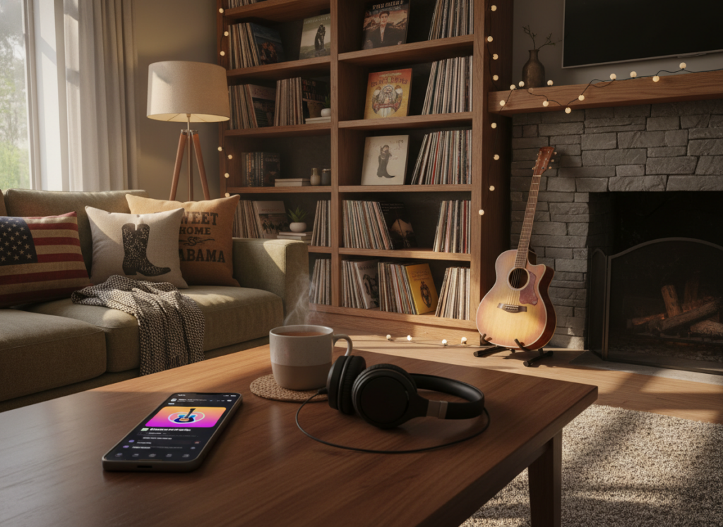 A cozy interior of a modern living room designed for enjoying music. In the foreground, a stylish coffee table rests with a smartphone displaying the Spotify app’s vibrant country music playlist. The middle ground features a comfortable couch adorned with country-themed cushions, while a vintage guitar leans against the wall nearby, hinting at musical inspiration. In the background, a vinyl records shelf showcases various country albums, softly illuminated by warm, ambient lighting. The scene is captured from a slightly elevated angle to provide depth, evoking a relaxed and inviting atmosphere perfect for country music lovers. The color palette includes warm earth tones and soft textures, enhancing the cozy vibe.