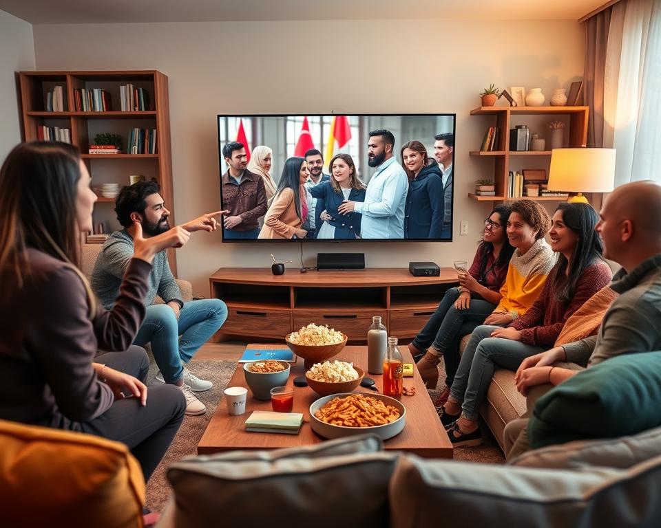 A cozy, inviting living room scene where a diverse group of friends gathers around a large, flat-screen TV displaying a vibrant Turkish drama. In the foreground, one friend excitedly points at the screen while another holds a bowl of popcorn, all wearing casual, comfortable clothing. The middle ground features a stylish coffee table adorned with snacks and drinks, and an assortment of colorful throw pillows on a plush sofa. In the background, soft lighting creates a warm atmosphere, accentuated by shelves filled with books and decorative items, reflecting a tastefully designed space. The angle captures both the excitement on their faces and the drama unfolding on screen, conveying a mood of joyful camaraderie and entertainment.