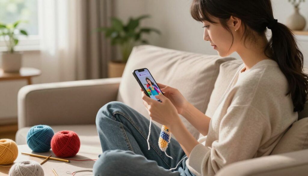 A cozy, inviting scene depicting a young woman sitting comfortably on a couch, focused on her smartphone as she participates in a crochet class. She is wearing modest, casual clothing. In the foreground, colorful yarn balls and crochet hooks are spread out around her, hinting at the creativity involved in crocheting. In the middle, the smartphone’s screen glows softly, showcasing a vibrant, engaging crochet tutorial. The setting is warmly lit with natural light streaming in from a nearby window, casting gentle shadows. In the background, a serene living room with plants and soft decor enhances the relaxed atmosphere, emphasizing flexibility and accessibility. The image overall radiates a sense of calm, creativity, and the joy of learning in a modern, convenient way.