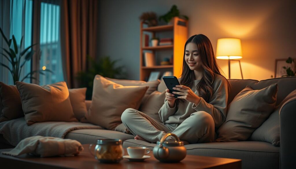 A cozy living room scene at dusk, illuminated by soft, warm lighting. In the foreground, a young adult woman with long, flowing hair, dressed in comfortable yet stylish loungewear, sits cross-legged on a plush sofa, intently watching a K-drama on her sleek mobile phone. Her expression is one of delight and engagement. Surrounding her are plush throw pillows and a warm blanket, conveying a sense of relaxation. In the middle ground, a coffee table holds snacks and a steaming cup of tea, enhancing the inviting atmosphere. In the background, a decorative bookshelf filled with books and plants adds personal charm, while a gentle glow from a nearby lamp softens the room, creating a tranquil and immersive environment perfect for enjoying Korean dramas for free.