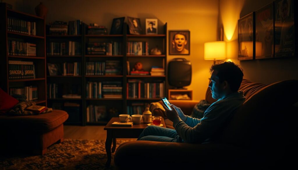 A cozy living room scene at night, illuminated by the soft glow of a smartphone screen. In the foreground, a person in comfortable casual clothing is sitting on a plush sofa, engrossed in watching a horror film. The expression on their face reflects suspense and intrigue. The middle ground includes a small coffee table with snacks and a steaming cup of tea. In the background, dimly lit shelves filled with horror DVDs and movie posters create a themed ambiance. Shadows play across the walls, enhancing the eerie atmosphere. The setting has warm, inviting colors contrasted with deeper shades to create a subtle tension. Use a cinematic angle that captures the person's engagement with the phone, highlighting the connection between modern technology and classic horror experiences. A cozy living room scene at night, illuminated by the soft glow of a smartphone screen. In the foreground, a person in comfortable casual clothing is sitting on a plush sofa, engrossed in watching a horror film. The expression on their face reflects suspense and intrigue. The middle ground includes a small coffee table with snacks and a steaming cup of tea. In the background, dimly lit shelves filled with horror DVDs and movie posters create a themed ambiance. Shadows play across the walls, enhancing the eerie atmosphere. The setting has warm, inviting colors contrasted with deeper shades to create a subtle tension. Use a cinematic angle that captures the person's engagement with the phone, highlighting the connection between modern technology and classic horror experiences.