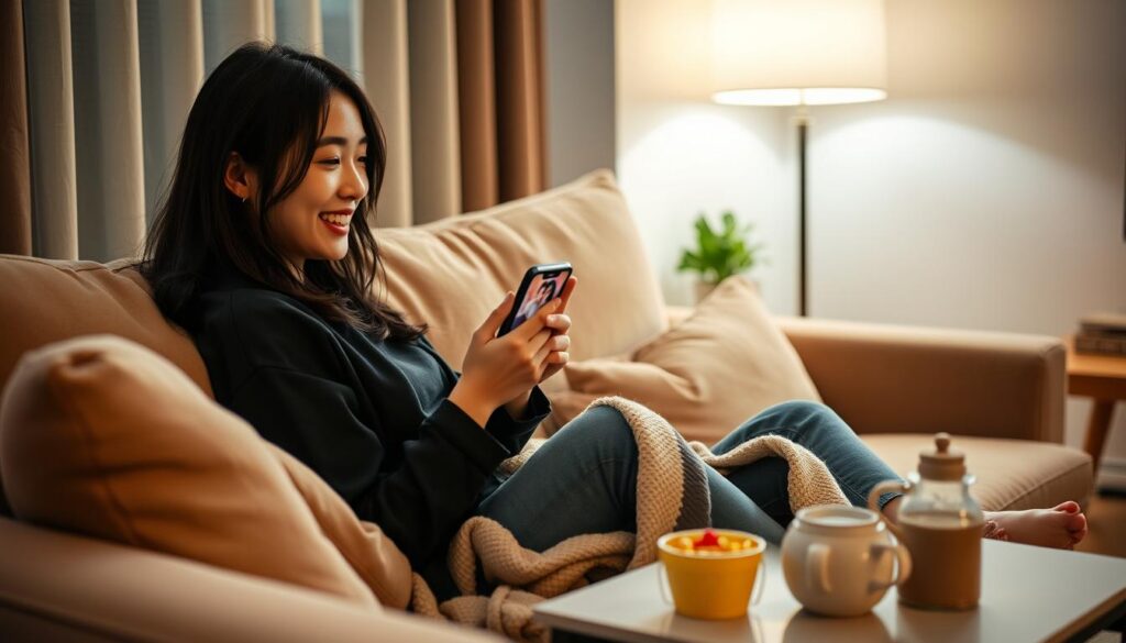 A cozy living room scene featuring a young adult woman happily watching K-dramas on her smartphone. The foreground shows her sitting comfortably on a plush sofa, wearing casual yet stylish clothing, with a warm blanket draped over her lap. In her hands, she holds the phone, its screen glowing with colorful imagery from a popular K-drama, reflecting her joyful expression. In the middle ground, a small side table is adorned with snacks and a steaming cup of tea, enhancing the inviting atmosphere. The background features soft, ambient lighting from a lamp, casting a relaxed glow throughout the room. The overall mood conveys comfort, enjoyment, and the benefits of watching K-dramas on a mobile device, creating an inviting and relatable setting.