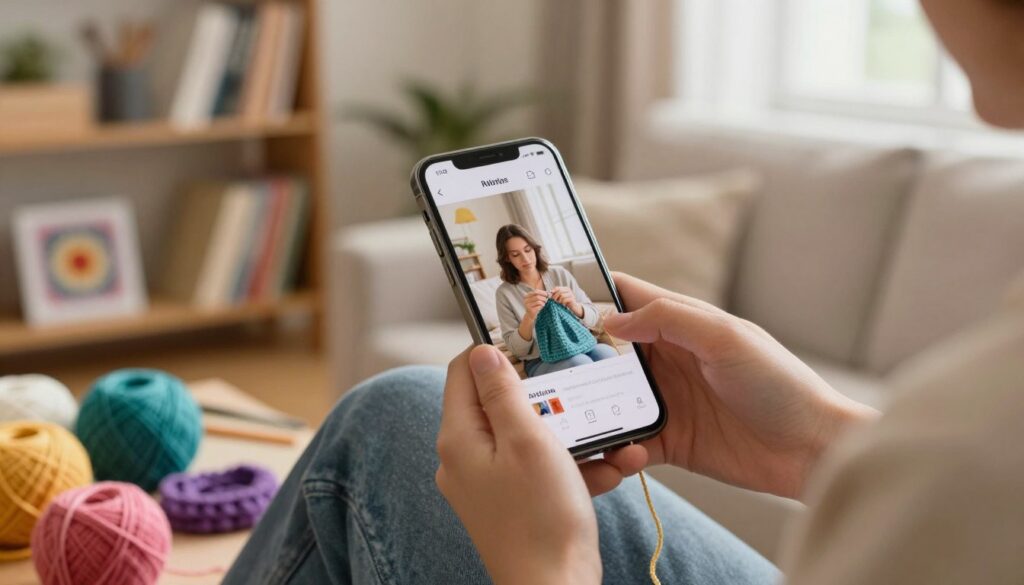 A cozy living room scene focused on a smartphone displaying a crochet tutorial app, vibrant with colorful yarn balls in the foreground. In the middle, a person's hands, dressed in casual, modest clothing, work diligently on a crochet project, capturing the essence of creativity and learning. The background features a soft, warm-lit atmosphere, with shelves lined with crochet books and neatly arranged tools, creating an inviting and educational space. The angle is slightly overhead, emphasizing both the smartphone and the crochet work, while natural light coming through a window casts gentle shadows, enhancing the peaceful and productive mood.