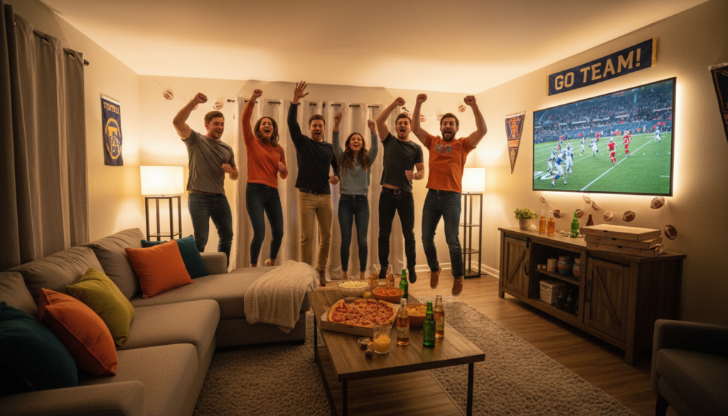 A cozy living room setting designed for watching sports, with a large flat-screen TV displaying a vibrant football match on the screen. In the foreground, a comfortable sofa adorned with colorful cushions provides a welcoming atmosphere. To the side, a stylish coffee table holds snacks and refreshing drinks, creating an inviting space for viewers. In the middle, an enthusiastic group of friends, dressed in modest casual clothing, cheers together, embodying excitement and camaraderie. The room is softly illuminated by warm lighting, creating an inviting ambiance that feels lively yet relaxed. In the background, cheerful decorations featuring football elements enhance the atmosphere, reflecting a passion for the game. The overall mood is festive, encapsulating the joy of sharing a match together.