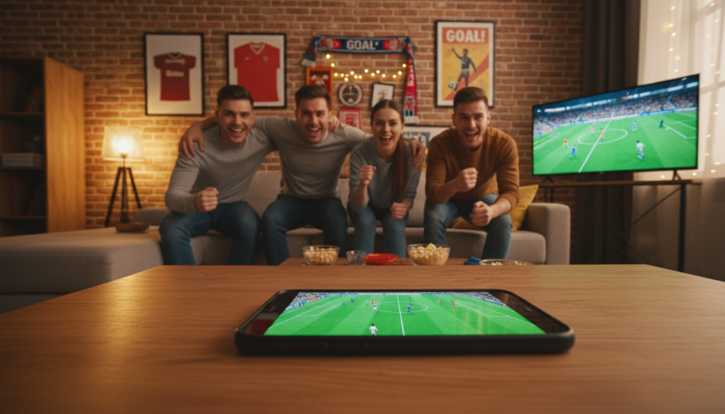 A cozy living room setting during a lively football match, with a smartphone prominently displayed in the foreground, streaming the game. The phone's screen shows vivid colors of a football match, capturing the excitement and energy of the game. In the middle ground, a group of friends, dressed in casual clothing, are animatedly watching the match, their faces showing joy and excitement. Behind them, a decorative wall with football memorabilia adds depth to the scene. Soft, warm lighting creates a friendly atmosphere, enhancing the feeling of camaraderie. The camera angle is slightly above eye level, giving a dynamic perspective that invites the viewer into the experience.