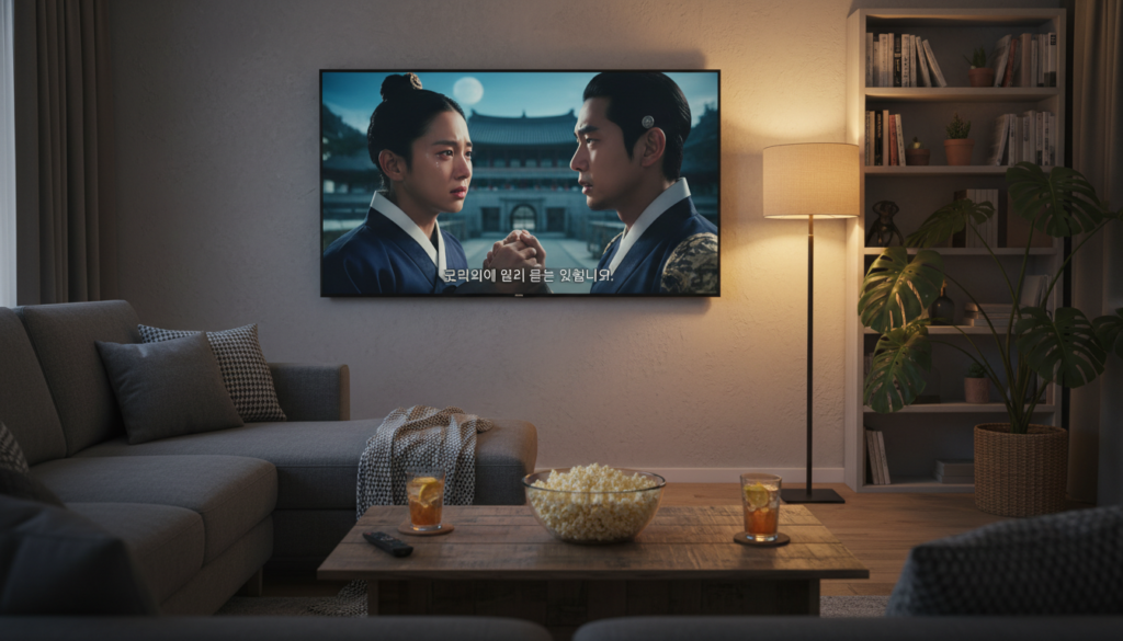 A cozy living room setting with a stylish modern couch and a large screen streaming a vibrant Korean drama. In the foreground, a bowl of popcorn and a couple of drinks are placed on a rustic coffee table. The middle layer showcases a close-up of the TV screen displaying a dramatic scene from a popular dorama, with visuals that evoke intrigue and emotion. The background features soft, warm lighting from a lamp, creating an inviting atmosphere. Decorative elements like house plants and shelves filled with books add personal touches. The scene captures a sense of comfort and excitement about watching Korean dramas, promoting a heartfelt mood, with a focus on enjoyment and connection through streaming entertainment. The composition should be well-lit, using a soft focus to enhance the cozy ambiance.