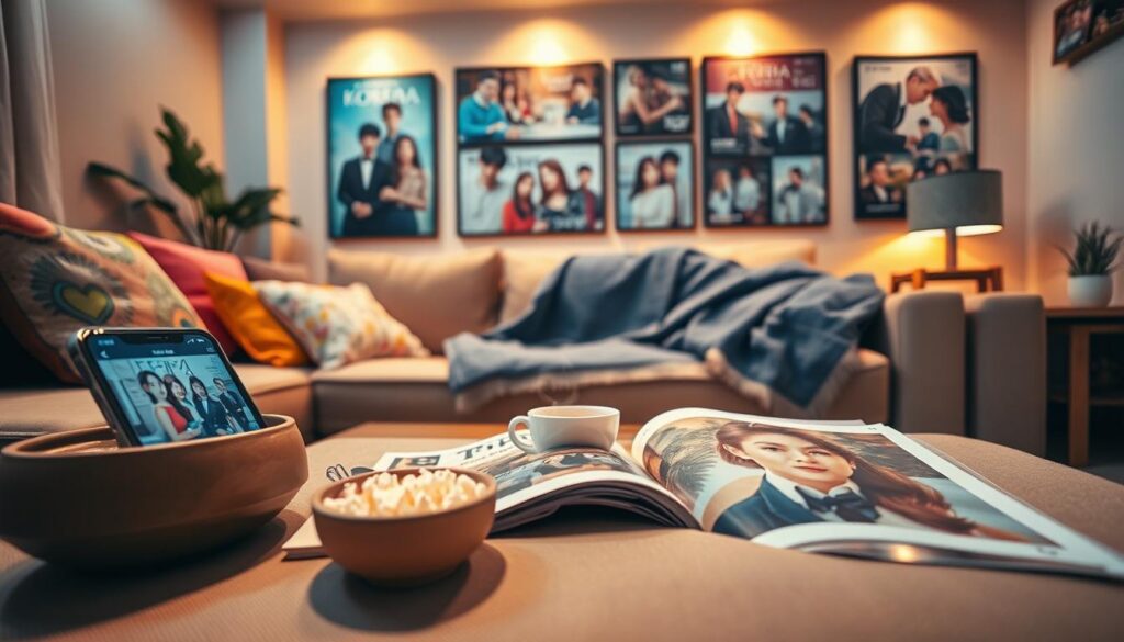 A cozy living room with a vibrant atmosphere for watching K-dramas. In the foreground, a comfortable couch adorned with colorful cushions, a bowl of popcorn nearby, and a smartphone streaming a K-drama series. In the middle, a coffee table filled with trendy magazines featuring popular K-drama stars, a steaming cup of tea, and a plush blanket draped over the couch. In the background, a beautifully lit wall mounted with framed posters of famous K-drama scenes and characters, creating an inviting ambiance. Soft, warm lighting enhances the scene, casting gentle shadows. The overall mood is relaxed and cheerful, inviting viewers to enjoy their favorite Korean dramas. The perspective is slightly tilted downwards from eye level for a more intimate feel.