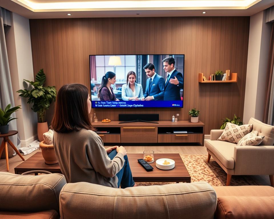 A cozy modern living room with a large flat-screen TV displaying a scene from a popular Turkish drama series. In the foreground, a young woman sits comfortably on a stylish sofa, intently watching the show, dressed in casual, modest attire. The middle layer features a coffee table with snacks and a remote control, providing an inviting atmosphere for streaming. In the background, soft lighting illuminates the room, with decorative elements like plants and bookshelves adding to the homely feel. The scene captures a warm, engaging mood, emphasizing relaxation and entertainment as the viewer enjoys the best Turkish soap operas all in one place. The angle is slightly elevated, giving a panoramic view of the lively space.