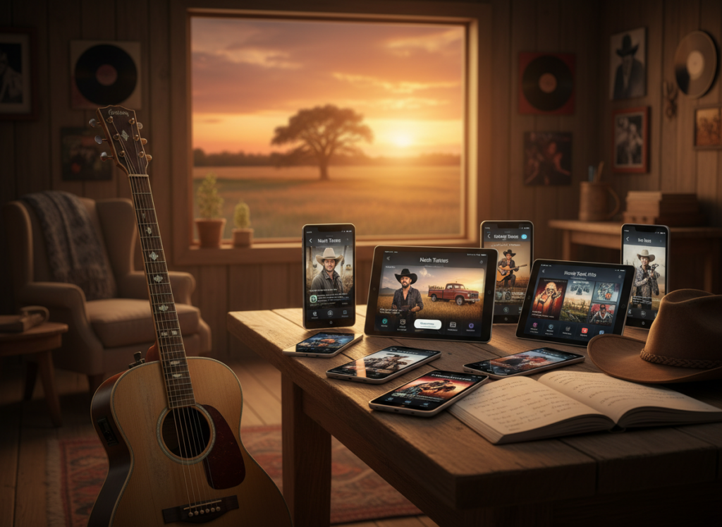 A cozy, rustic room filled with various country music apps displayed on multiple smartphones and tablets on a wooden table. In the foreground, a vintage acoustic guitar rests next to the devices, while a cowboy hat and an open notebook with lyrics scribbled inside add context. In the middle, glowing screens of the apps showcase colorful interfaces related to music country, featuring album covers and artist images. The background features a soft-lit window revealing a picturesque sunset over an open field, casting a warm golden hue across the scene. The overall atmosphere is inviting and nostalgic, evoking the rich heritage of country music while suggesting immersion into its world. Use a warm color palette for a homely feel, and employ soft-focused lighting to enhance the cozy ambiance.