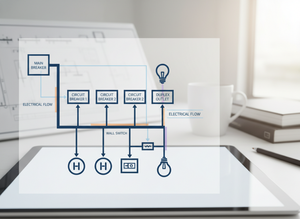 A detailed and informative illustration of a "residential electrical circuit in a single-line diagram" designed for educational purposes. In the foreground, depict a simplified yet accurate single-line diagram showing essential components like circuit breakers, outlets, and light fixtures, clearly labeled. In the middle ground, include elements such as wires and symbols representing electrical flow, emphasizing clarity. In the background, render a light, neutral-toned workspace to create a professional atmosphere, with subtle lighting highlighting the diagram. Ensure the overall mood is instructional and engaging, appealing to beginners studying residential electrical installations. The image should be clean, precise, and devoid of any text, ensuring clarity in the visual presentation.