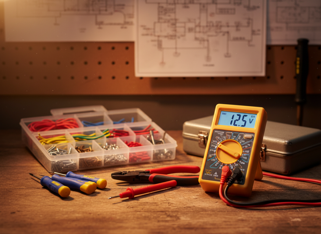 A detailed, close-up view of an electric multimeter placed on a wooden workbench, showcasing its digital display reading voltage. In the foreground, the multimeter's probes are prominently displayed, carefully arranged next to various essential tools like wire strippers, screwdrivers, and a small toolbox. In the middle ground, a neatly organized kit with colorful insulated wires and connectors adds to the scene. The background features a well-lit workshop ambiance, emphasizing a practical environment with electrical diagrams pinned to the wall and a soft warm light highlighting the tools. The mood is industrious and focused, inviting viewers into the world of electrical work. Use a shallow depth of field to blur the background slightly, enhancing focus on the multimeter.