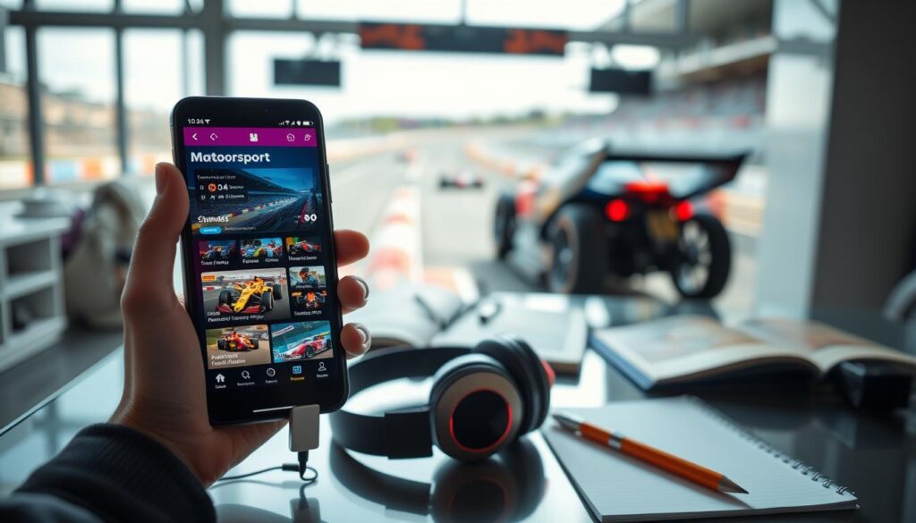 A dynamic and informative scene illustrating the step-by-step process of accessing motorsport broadcasts on a mobile device. In the foreground, a close-up of a smartphone displaying a vibrant racing app with various motorsport channels highlighted. The middle ground features a clear desk with accessories like headphones, a racing magazine, and a notepad, emphasizing the theme of preparation for watching races. The background shows a blurred image of a racing event with cars speeding by, conveying excitement and energy. Bright, natural lighting emphasizes a cozy yet enthusiastic atmosphere, highlighting the thrill of connecting with motorsports on-the-go. The image captures a sense of accessibility and engagement with the sport, aiming to inspire viewers to dive into the world of racing.