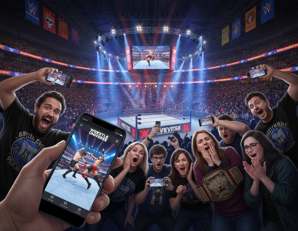 A dynamic scene capturing the essence of mobile WWE streaming through the WRESTLE UNIVERSE app. In the foreground, a smartphone displays a vibrant wrestling match, with wrestlers in colorful, action-packed poses. The screen glows brightly, reflecting the intensity of the match. In the middle ground, a group of diverse fans, dressed in casual but stylish clothing, are gathered closely, expressing excitement and joy as they watch on their phones. The background features an electrifying wrestling arena, with dramatic lighting illuminating the ring and colorful banners showcasing iconic WWE imagery. Use a slightly tilted angle for a more immersive perspective, with a focus on creating a lively and enthusiastic atmosphere, reminiscent of a live event. The overall mood should convey excitement and community, highlighting the thrill of wrestling streaming on mobile devices.