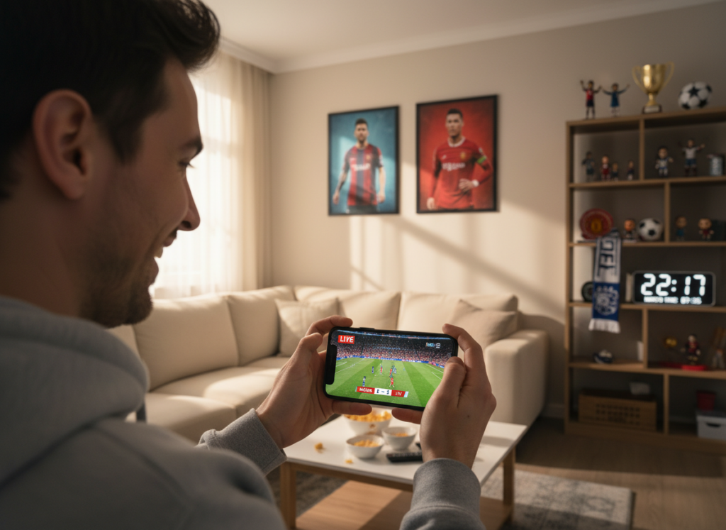 A dynamic scene capturing the excitement of watching live football on a smartphone. In the foreground, a person dressed in casual clothing holds a smartphone displaying a vibrant match video. Their expression is one of intense focus and joy. In the middle ground, a cozy living room setup features a large couch and decorative elements like posters of famous football players. Natural light filters through a window, creating a warm and inviting atmosphere. The background includes shelves with football memorabilia and a large digital clock showing the match time. The overall mood is energetic and engrossed, reflecting the thrill of experiencing live football for free from the comfort of home.