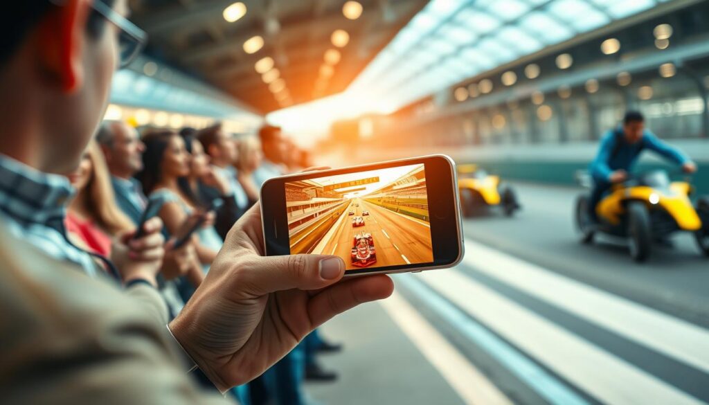 A dynamic scene depicting the rise of mobile motorsport streaming, featuring a smartphone prominently in the foreground displaying a vibrant racing video. In the middle ground, a diverse group of enthusiastic viewers, dressed in smart casual clothing, are intently watching the race on their devices, capturing the excitement of the moment. The background showcases a blurred racetrack with fast-moving cars, conveying the thrill of speed and competition. Bright, engaging lighting highlights the smartphone screen, creating a focal point that contrasts with the motion blur of the vehicles. The atmosphere is energetic and inspiring, embodying the modern experience of enjoying motorsports at your fingertips.