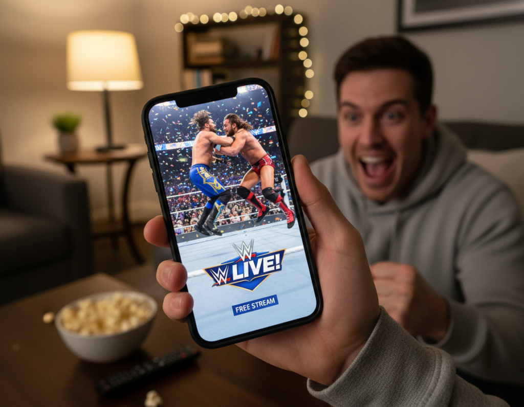 A dynamic scene showcasing a smartphone held in a person's hand, displaying a thrilling live WWE match with colorful wrestlers in action. The foreground features the smartphone tilted slightly towards the viewer, capturing the vivid details of the WWE event on screen. In the middle ground, the person is wearing casual attire, an excited expression emphasizing their engagement with the match. The background consists of a cozy living room setting, with soft, ambient lighting creating a warm atmosphere, while shadows subtly enhance the focus on the smartphone. The lens should create a slightly blurred effect on the background to highlight the main subject. This lively image conveys the excitement and benefits of watching WWE live and for free on a mobile device.