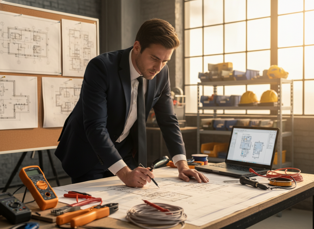 A focused electrician, dressed in professional business attire, examines detailed electrical schematics at a cluttered workbench. In the foreground, a well-lit workspace showcases various tools like wire strippers, multimeters, and a laptop displaying CAD software with electrical diagrams. The middle ground features wall-mounted blueprints pinned on a corkboard, highlighting the intricacies of electrical layouts. In the background, the room is filled with shelves stacked with electrical components and safety gear, illuminated by warm, natural light streaming through a window. The atmosphere conveys a sense of diligence and expertise, emphasizing the importance of mastering technical drawings in electrical work. The image is captured with a slight depth of field, focusing on the electrician's engaged expression while keeping the surrounding environment slightly blurred.