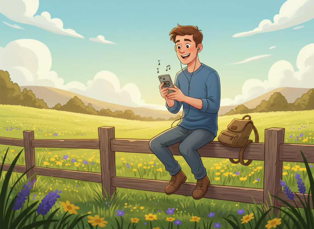 A happy young man sitting on a rustic wooden fence in a serene rural area, holding a smartphone as he listens to a radio app offline. He is dressed in comfortable, modest casual clothing, with a bright smile reflecting his enjoyment. The foreground shows the man in focus, while in the middle ground, a lush green field stretches out with wildflowers blooming. In the background, a tranquil landscape features rolling hills and a clear blue sky with fluffy white clouds. The lighting is warm and inviting, capturing the golden hour glow, enhancing the peaceful atmosphere of the countryside. Shot with a soft focus lens, the image conveys a sense of relaxation and contentment in a digital yet nature-connected world.