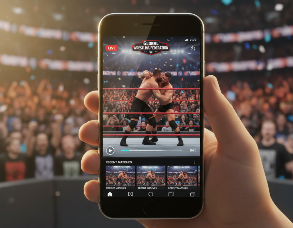 A high-quality 3D render of a modern smartphone displaying a professional wrestling match inside a crowded, glowing arena, showing a sleek streaming app interface, cinematic lighting, 4k resolution.