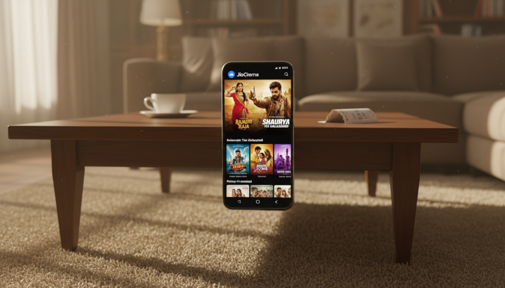 A high-quality 3D render of a smartphone displaying the JioCinema app interface with vibrant Bollywood movie posters on a modern coffee table, cinematic lighting, 8k resolution.