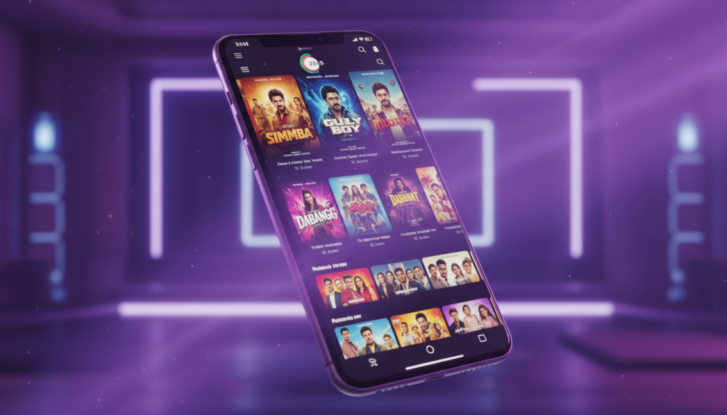 A high-quality 3D render of a smartphone displaying the ZEE5 app interface with colorful Bollywood movie posters, glowing purple ambient lighting, cinematic style, 4k resolution.