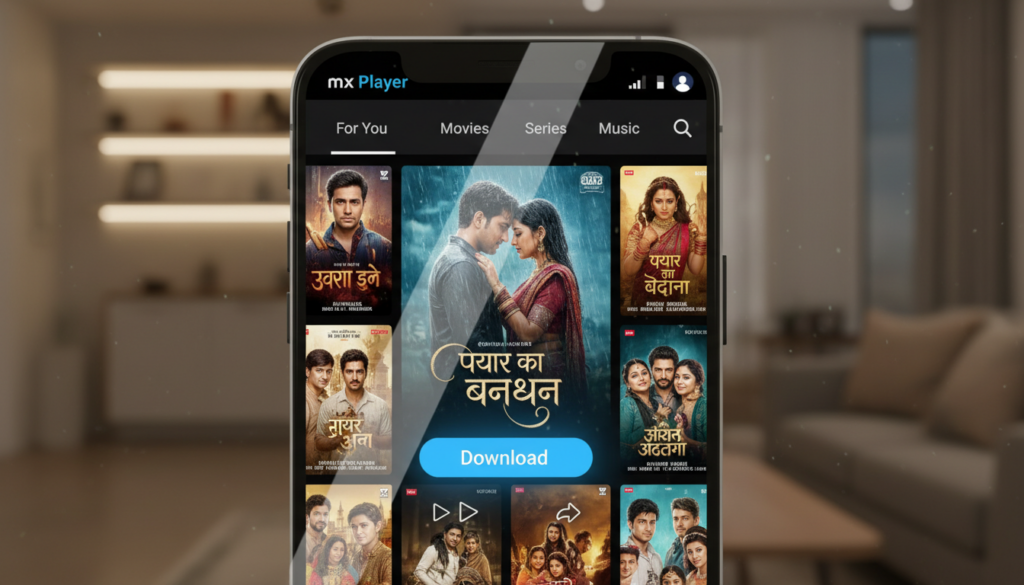 A high-quality 3D render of a smartphone screen displaying the MX Player app interface with colorful Indian drama posters and a clear 'Download' button, cinematic lighting, vibrant colors, professional streaming app aesthetic.