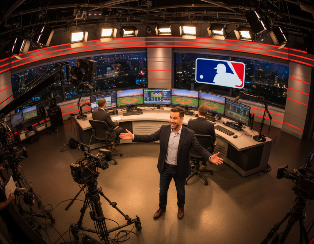 A lively scene depicting a Major League Baseball (MLB) live broadcast studio. In the foreground, a professional-looking host in smart casual attire engages with the camera, gesturing enthusiastically. The middle ground features a modern broadcasting setup with multiple screens showcasing live game footage and statistics, surrounded by high-end broadcasting equipment. In the background, a large MLB logo is prominently displayed, with soft studio lighting that creates a warm, inviting atmosphere. The camera angle is slightly elevated, providing a dynamic view of the busy studio. A sense of excitement and energy fills the scene, capturing the essence of the thrilling experience of watching MLB games live.
