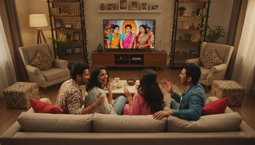 A lively scene of a diverse audience watching Indian soap operas together in a cozy, warmly-lit living room. In the foreground, a group of four people—two men and two women—are sitting on a plush couch, engaged and laughing, reflecting a sense of camaraderie. Their attire is casual but neat, displaying a blend of cultural styles. In the middle, a large flat-screen TV shows a vibrant scene from an Indian soap opera, with dramatic colors and expressive characters. The background features family photos and decorative plants, creating a homey atmosphere. Soft, ambient lighting enhances the mood, capturing the excitement and emotional connection of watching beloved shows. A wide-angle lens perspective adds depth, emphasizing the communal experience of enjoying Indian dramas together.
