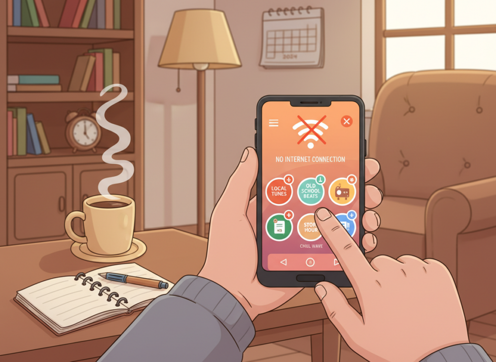 A mobile device displaying a radio app interface, showcasing various offline radio station options, set against a cozy living room environment. In the foreground, the smartphone is held by a person in casual attire, their fingers gently tapping the screen. The middle ground features a stylish coffee table with a steaming cup of coffee and a notebook, creating a relaxed atmosphere. The background includes soft, warm lighting from a nearby lamp, casting gentle shadows and enhancing the inviting feel of the room. Emphasize the notion of connectivity without the internet, using visual elements like Wi-Fi symbols crossed out or signal bars indicating no service. The scene should evoke a sense of tranquility, emphasizing the joy of offline listening in 2024.