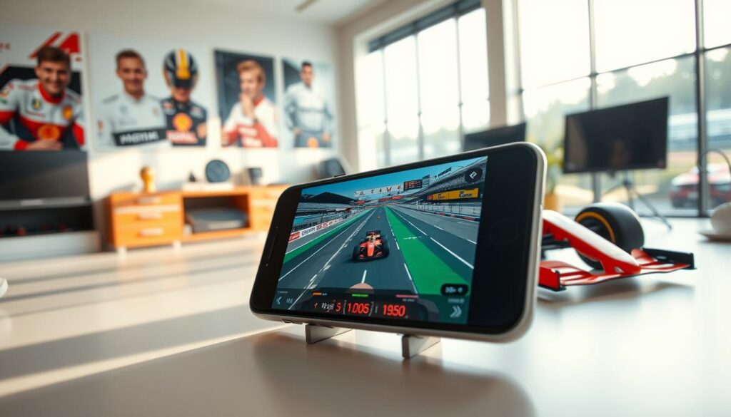 A mobile phone displaying an app interface for watching Formula 1 races, set against a sleek and modern backdrop. In the foreground, the phone screen shows a vibrant, interactive app with live race streaming and car graphics. The middle ground features a stylish workspace with a racing-themed desk, complete with a miniature Formula 1 car and a speedometer. The background is an energetic sports-themed room, featuring posters of famous F1 drivers and a large window revealing a sunny outdoor scene. Use soft, natural lighting to create a lively and engaging atmosphere, with a focus on the phone as the central element. The angle should be slightly tilted to emphasize the app's features while maintaining clarity and detail.